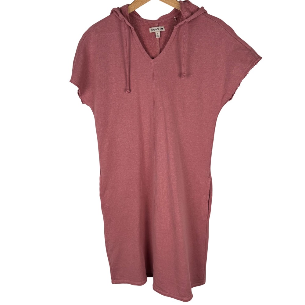 Toad&Co Organic Cotton Hemp Hoodie Dress Womens Small‎ Rose Pink V-Neck Pocketsl